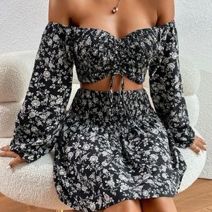 Floral Print Shirred Drawstring Front Off Shoulder Lantern Sleeve Top & Skirt